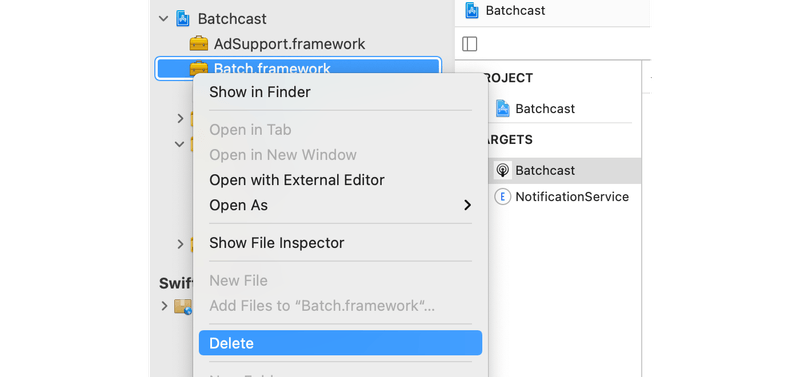 Xcode Project Navigator framework deletion