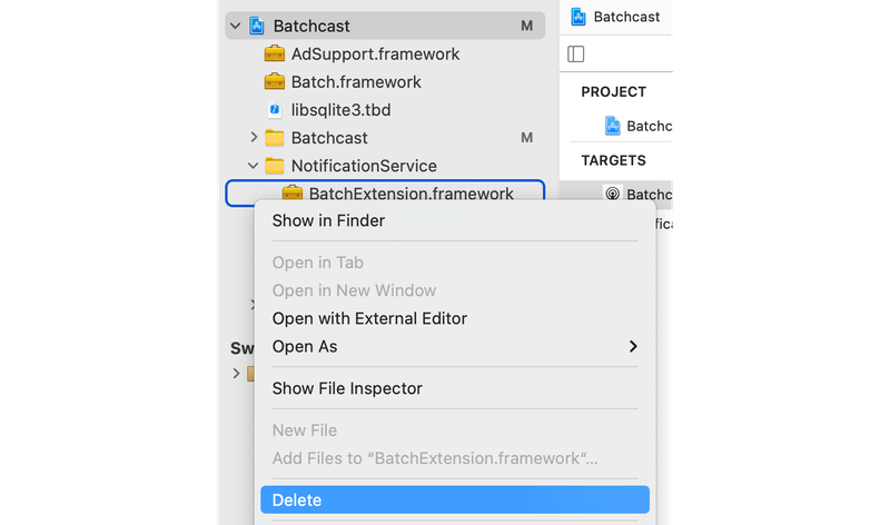 Xcode Project Navigator extension deletion